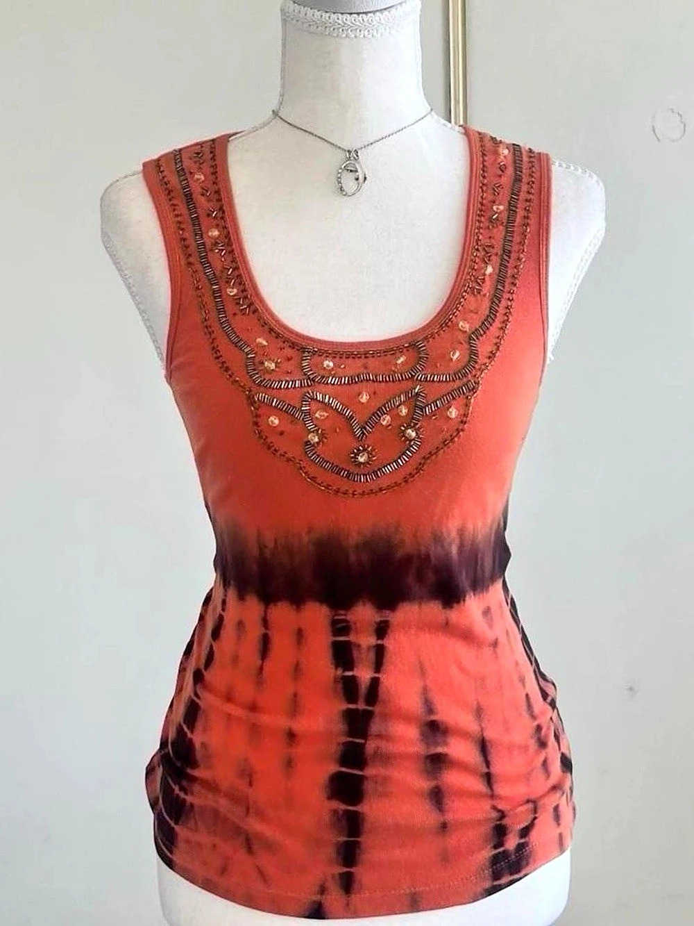NYPL 2000s y2k beaded Embellished Tie-Dye Tank Top Orange & Black Like New